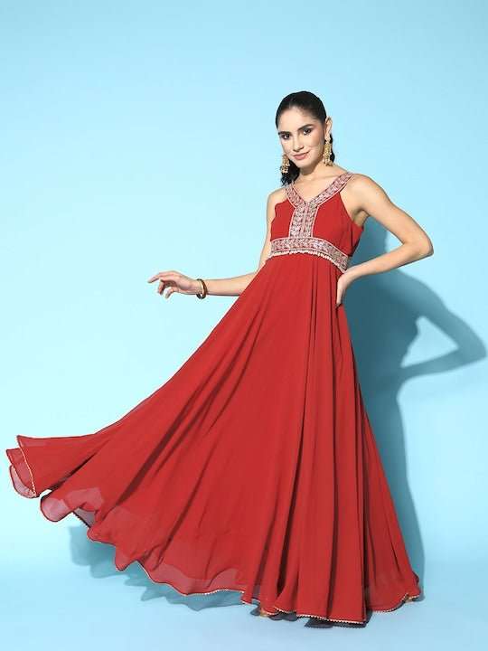 Rust Embroidered Yoke Design Ethnic Gown - Inddus.com