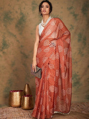 Rust Ethnic Morifs Printed Organza Saree