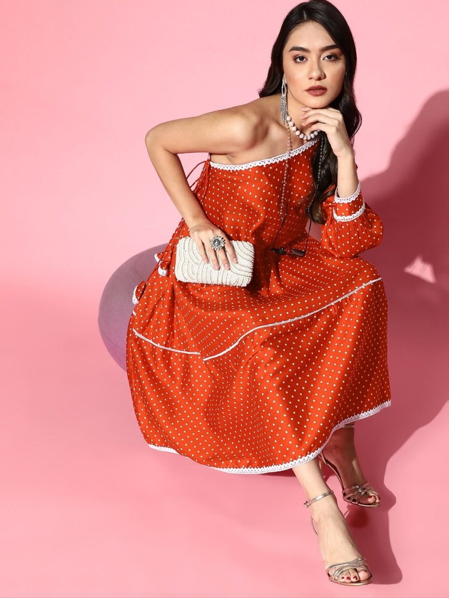 Rust Polka Dot One Shoulder Midi Dress - Inddus.com