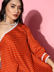 Rust Polka Dot One Shoulder Midi Dress - Inddus.com