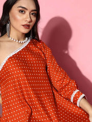 Rust Polka Dot One Shoulder Midi Dress - Inddus.com