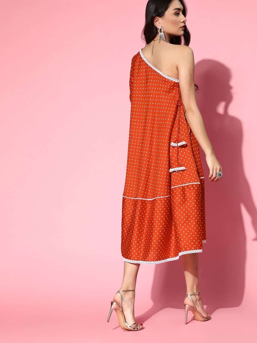Rust Polka Dot One Shoulder Midi Dress - Inddus.com