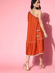Rust Polka Dot One Shoulder Midi Dress - Inddus.com