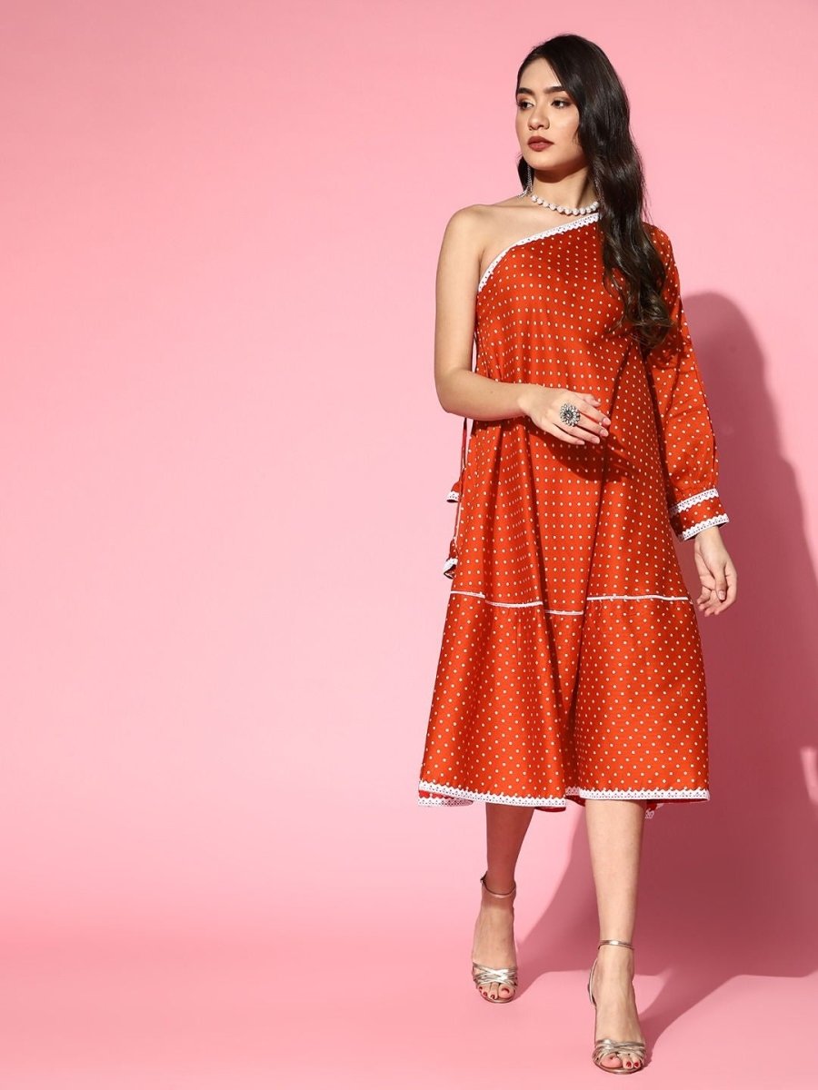 Rust Polka Dot One Shoulder Midi Dress - Inddus.com