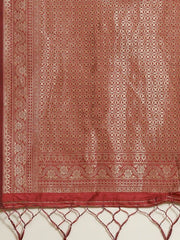 Rust Red & Golden Ethnic Motifs Woven Design Zari Silk Blend Banarasi Saree