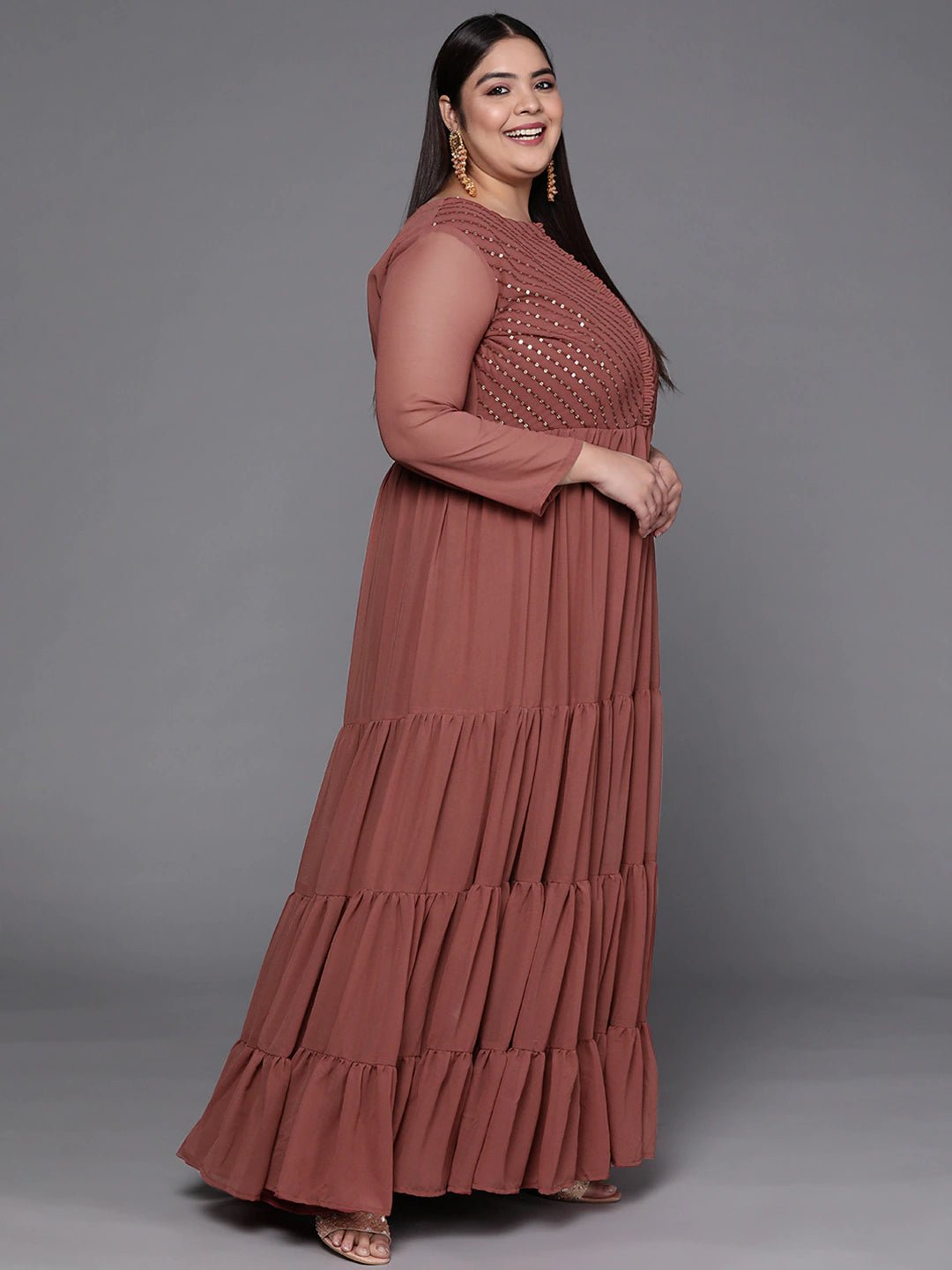 Rust Red Sequined Georgette Ethnic Tiered Maxi Dress - Inddus.com