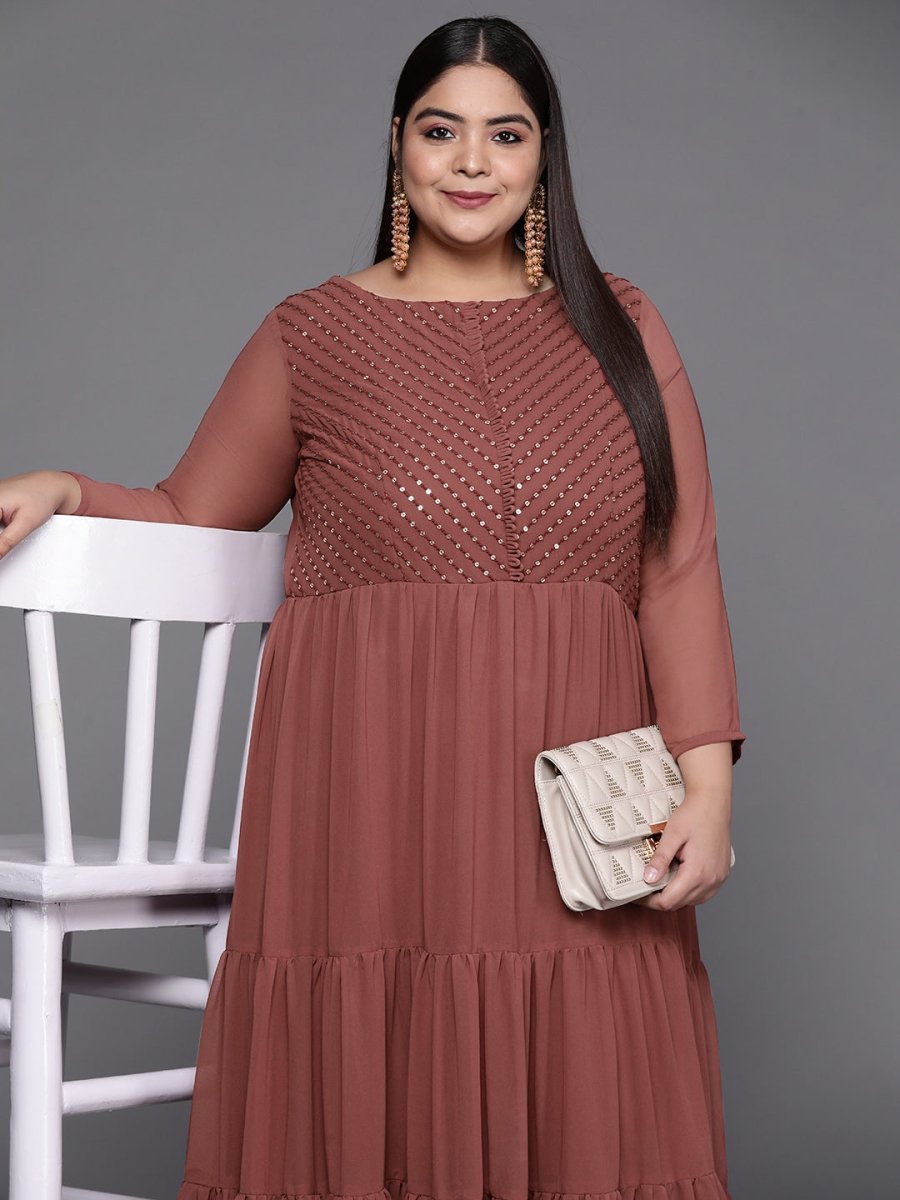 Rust Red Sequined Georgette Ethnic Tiered Maxi Dress - Inddus.com
