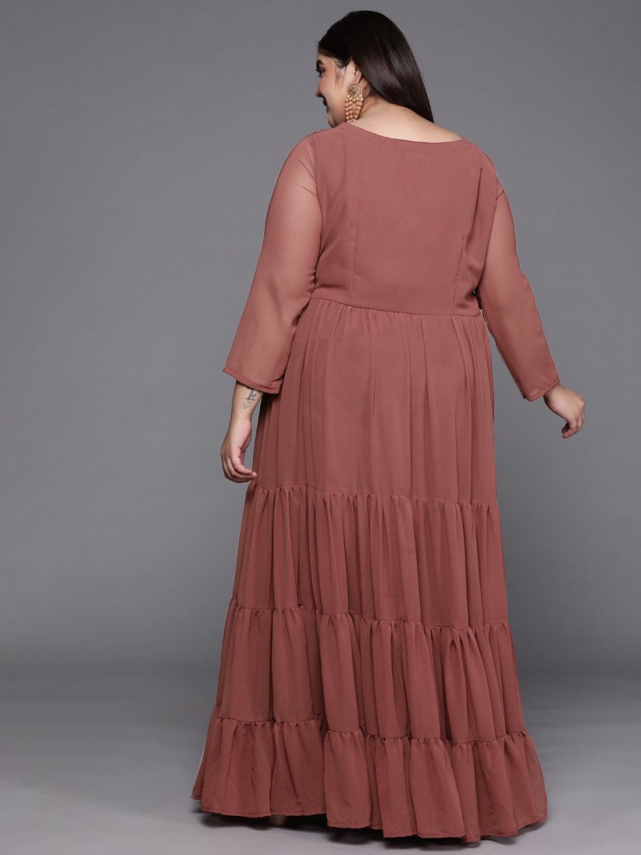 Rust Red Sequined Georgette Ethnic Tiered Maxi Dress - Inddus.com
