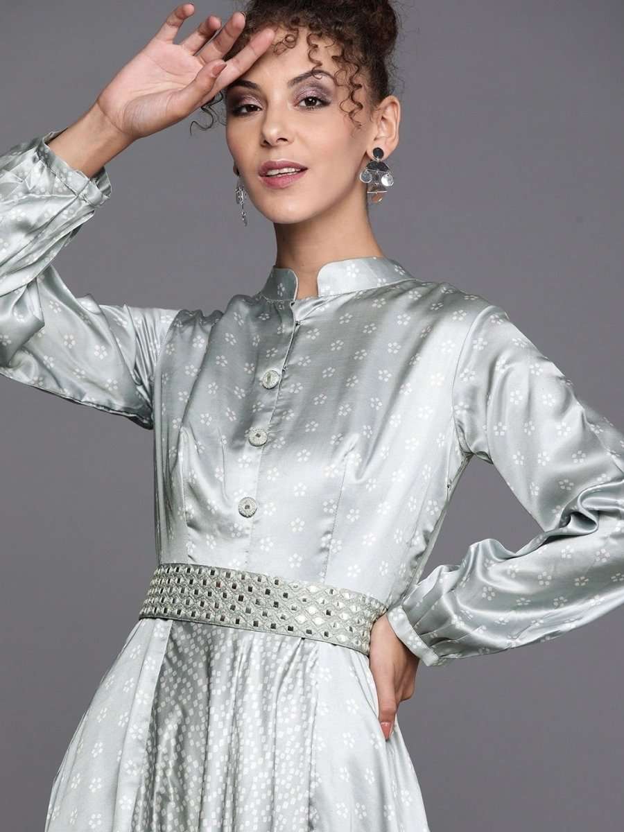 Sage Green Bandhani Print Gown with Belt - inddus-us