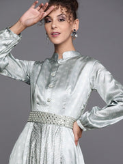 Sage Green Bandhani Print Gown with Belt - inddus-us