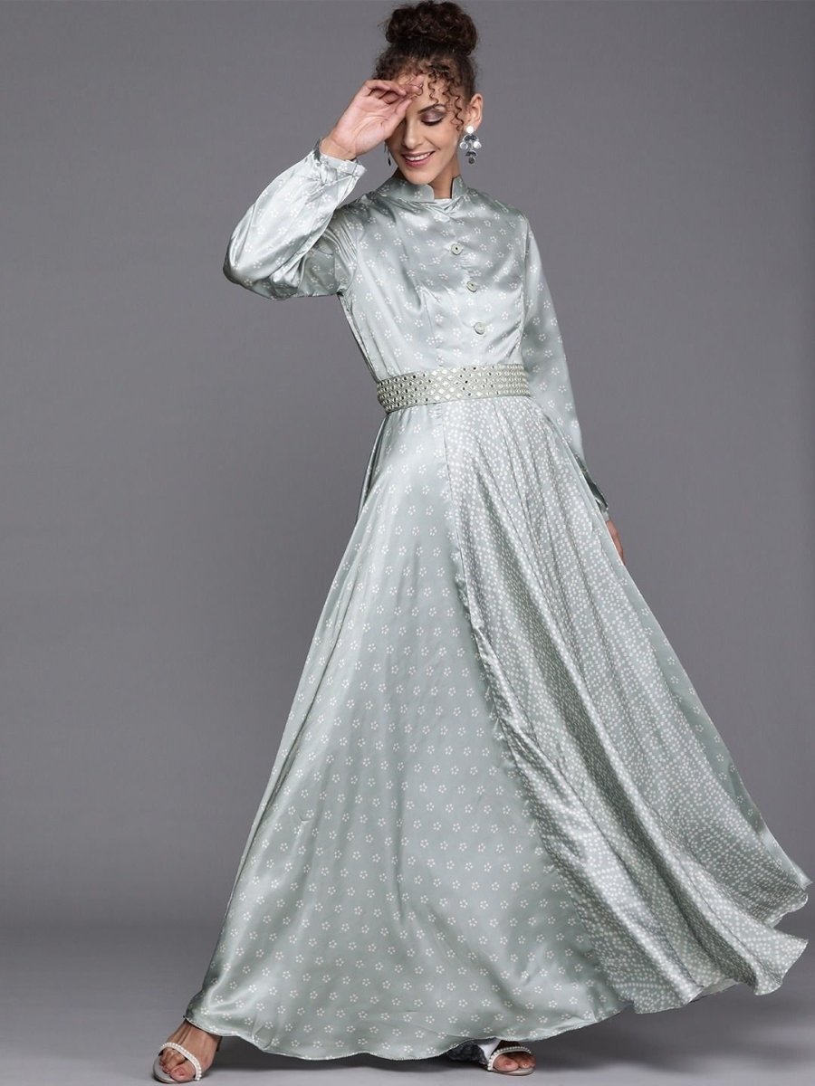 Sage Green Bandhani Print Gown with Belt - inddus-us