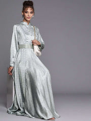 Sage Green Bandhani Print Gown with Belt - inddus-us