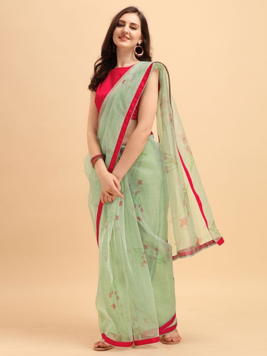 Sage Green Digital Print Organza Saree with Blouse - inddus-us