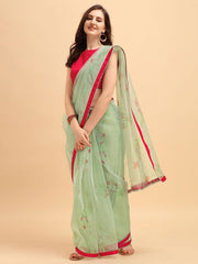 Sage Green Digital Print Organza Saree with Blouse - inddus-us