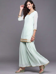 Sage Green Embroidered Kurta with Sharara and Dupatta - inddus-us