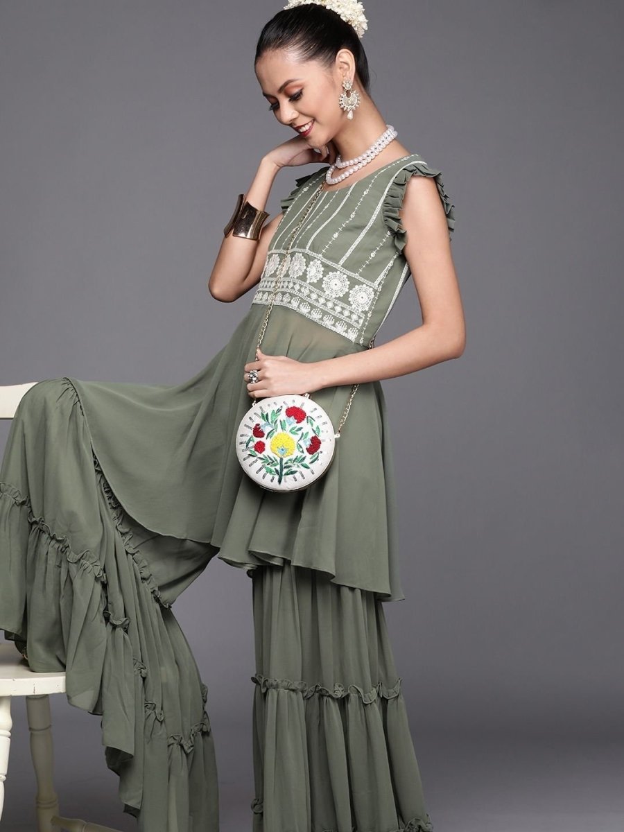 Sage Green Embroidered Kurta with Teired Sharara - inddus-us