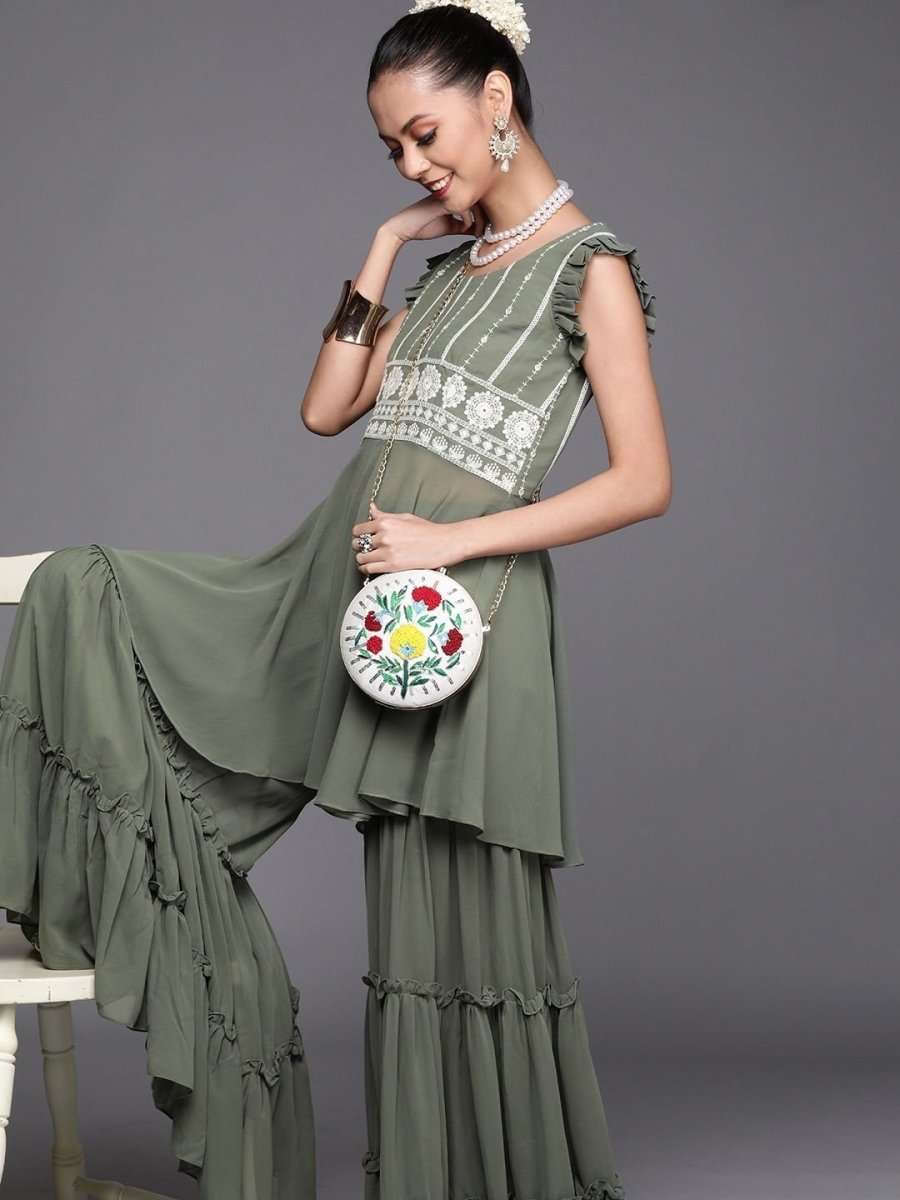 Sage Green Embroidered Kurta with Teired Sharara - inddus-us