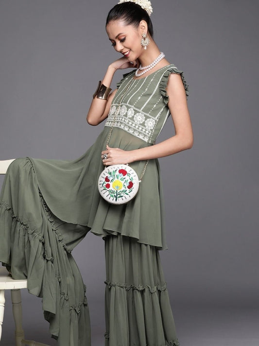 Sage Green Embroidered Kurta with Teired Sharara - inddus-us