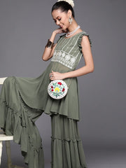 Sage Green Embroidered Kurta with Teired Sharara - inddus-us