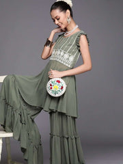 Sage Green Embroidered Kurta with Teired Sharara - inddus-us