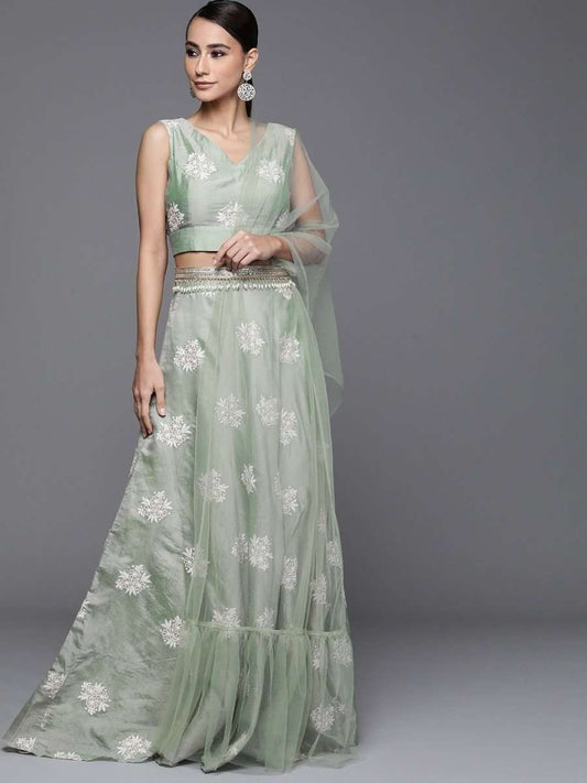 Sage Green Floral Embroidered SemiStitched Lehenga with Blouse and Dupatta and Belt - inddus-us