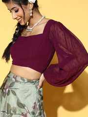 Sage Green Floral Print Skirt with Purple Self Design Top - Inddus.com