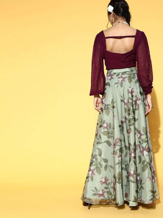 Sage Green Floral Print Skirt with Purple Self Design Top - Inddus.com