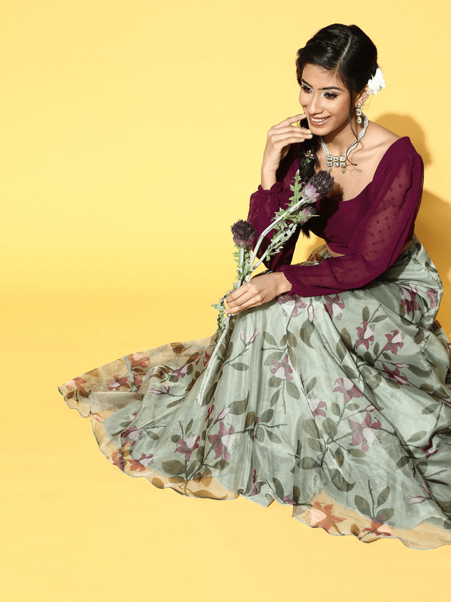 Sage Green Floral Print Skirt with Purple Self Design Top - Inddus.com