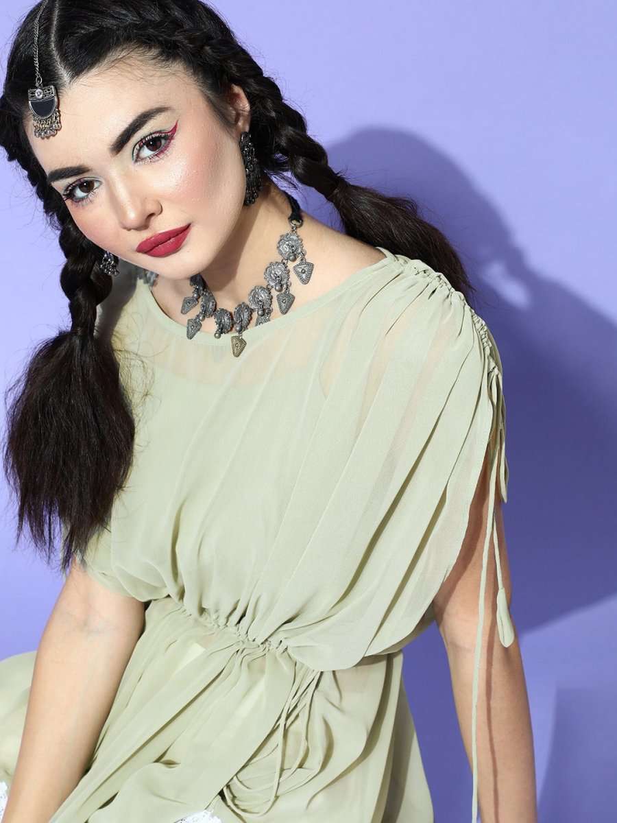 Sage Green Polyester Solid Crop Top - Inddus.com