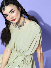 Sage Green Polyester Solid Crop Top - Inddus.com