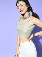 Sage Green Polyester Solid Crop Top - Inddus.com