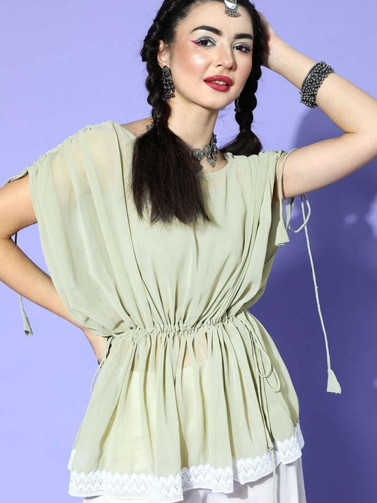 Sage Green Polyester Solid Crop Top - Inddus.com