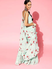 Sage Green Printed Stitched Teired Sharara Ruffled Saree with Blouse Piece - inddus-us