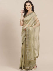 Sage Green Solid Organza Saree - inddus-us