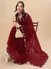 Sangria Maroon Woven Design Net Saree - Inddus.com