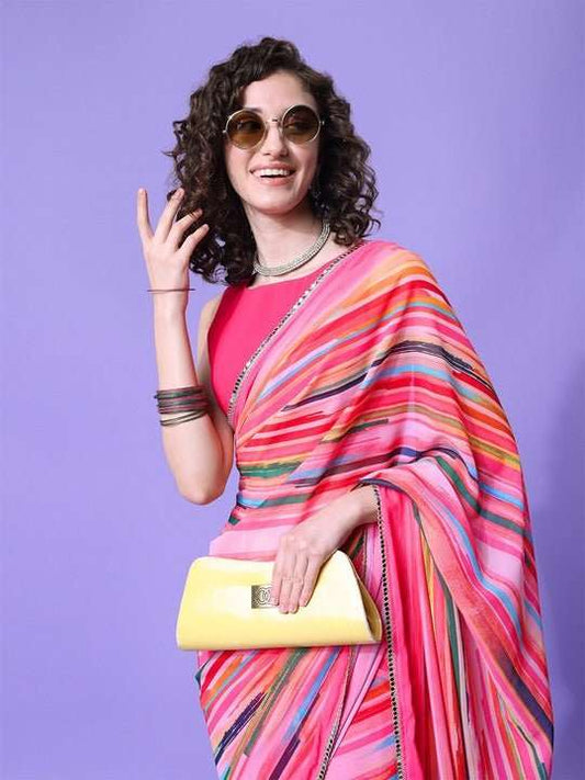 Sangria Women Pink Green Striped Saree - Inddus.com