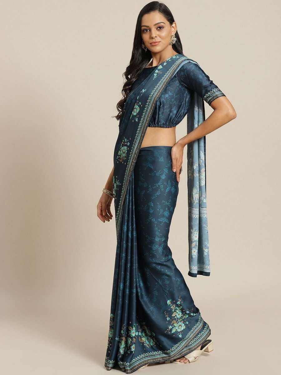 Satin Blue Traditional Saree - inddus-us
