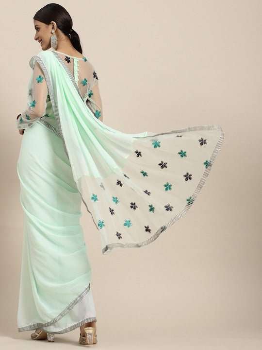 Sea Green & Black Floral Embroidered Beads and Stones Saree