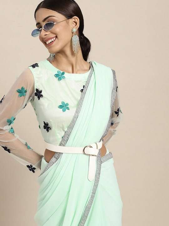 Sea Green & Black Floral Embroidered Beads and Stones Saree