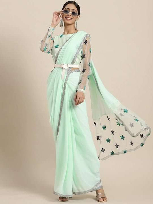 Sea Green & Black Floral Embroidered Beads and Stones Saree