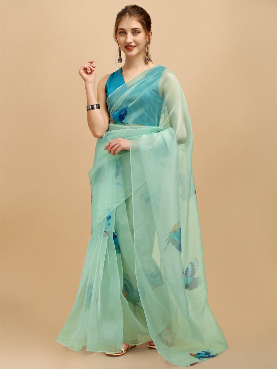 Sea Green & Blue Organza Saree - Inddus.com