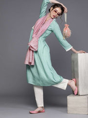 Sea Green Cotton Blend Solid Partywear Kurta Set - inddus-us