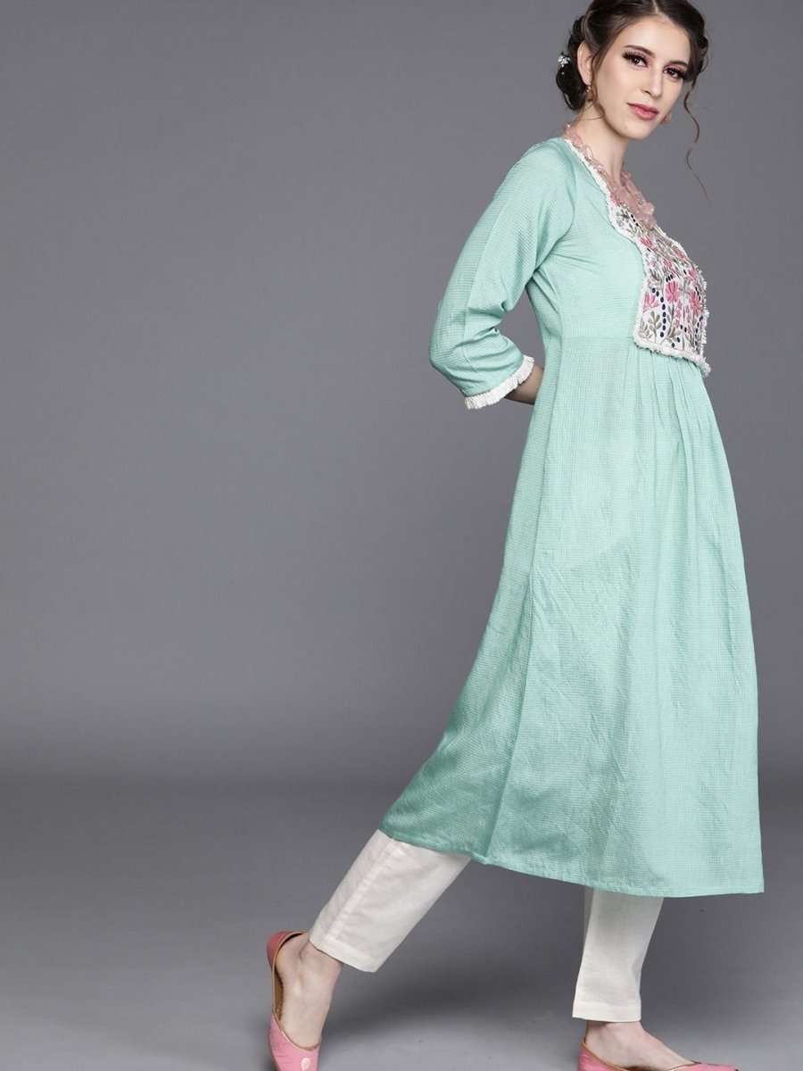 Sea Green Cotton Blend Solid Partywear Kurta Set - inddus-us