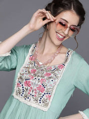 Sea Green Cotton Blend Solid Partywear Kurta Set - inddus-us