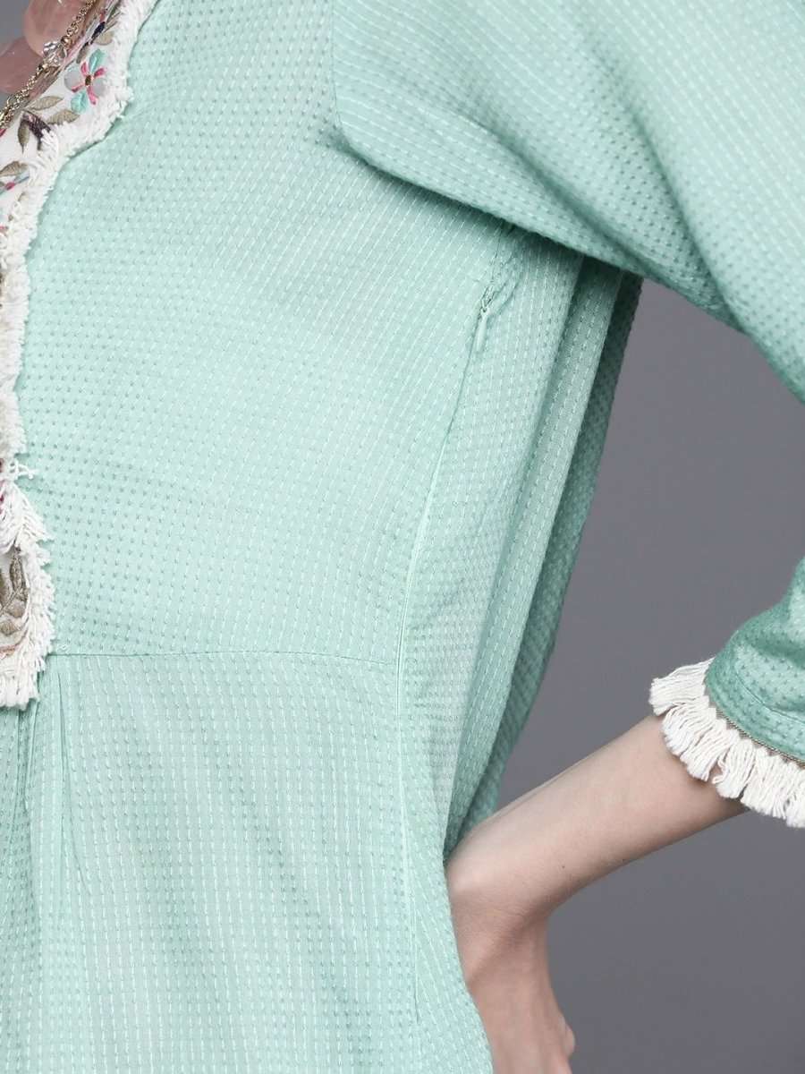 Sea Green Cotton Blend Solid Partywear Kurta Set - inddus-us
