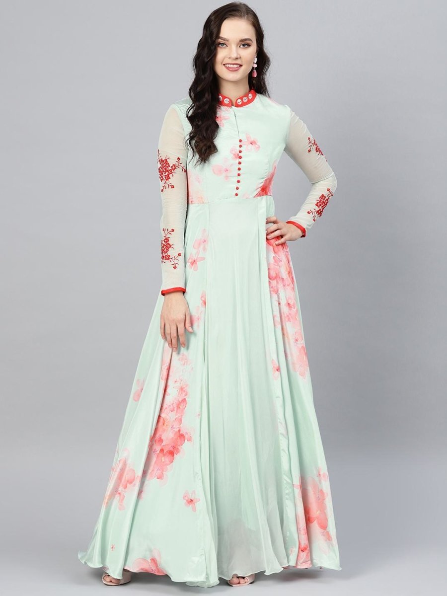 Pretty Sea Green Crepe and Georgette Partywear Dress: Dresses for Women -  Inddus. –