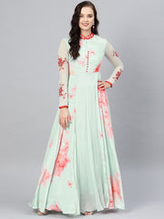 Sea Green Crepe and Georgette Partywear Dress - inddus-us