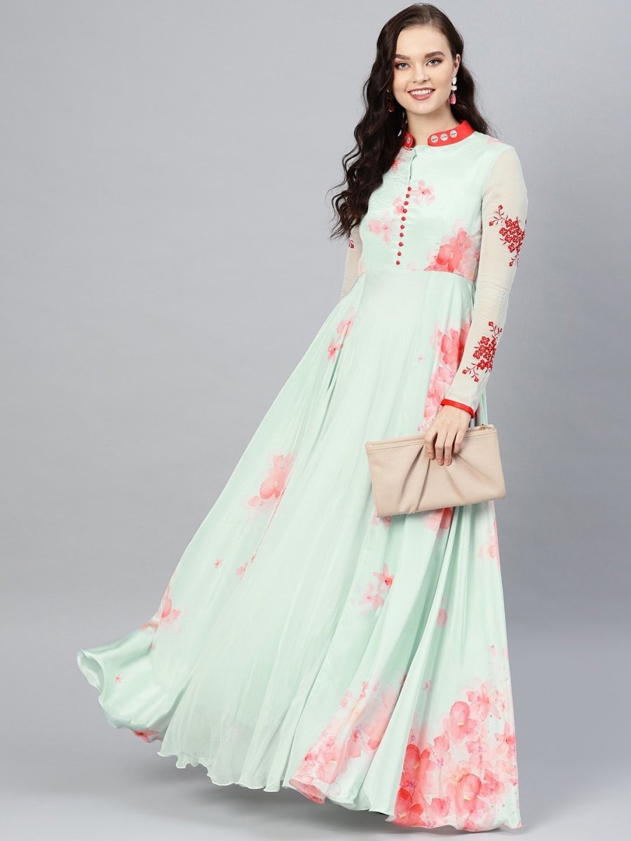 Sea Green Crepe and Georgette Partywear Dress - inddus-us