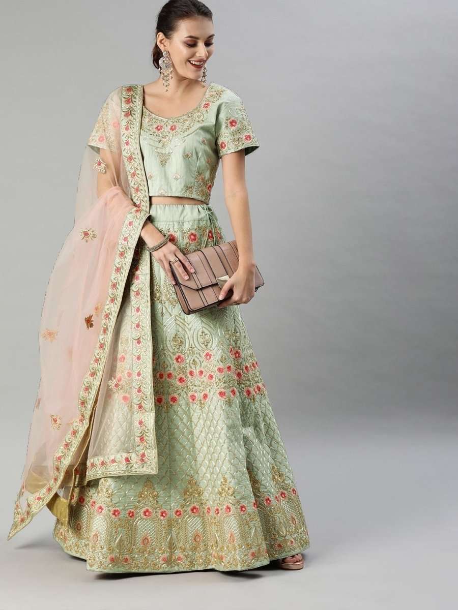 Sea Green Embroidered Partywear Lehenga Choli - inddus-us