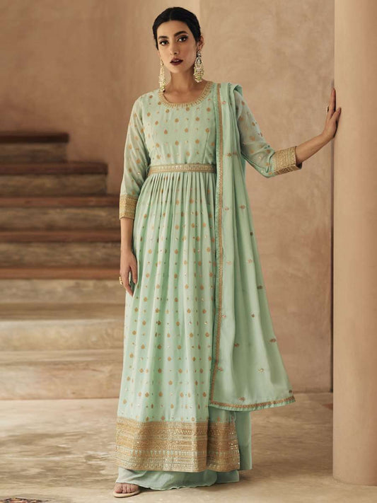 Sea Green Georgette Festive Wear Anarkali Suit - Inddus.com